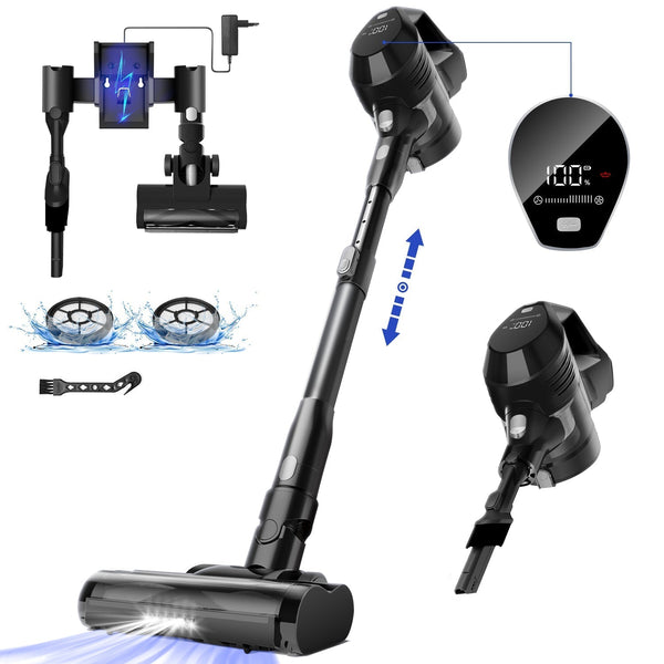 Akku-Hand-und Stielstaubsauger mit Smart LED-Anzeige, 30000Pa/50min, Staubsauger kabellos mit 6-Schicht-Filtration und 8-Kegel-Zyklon