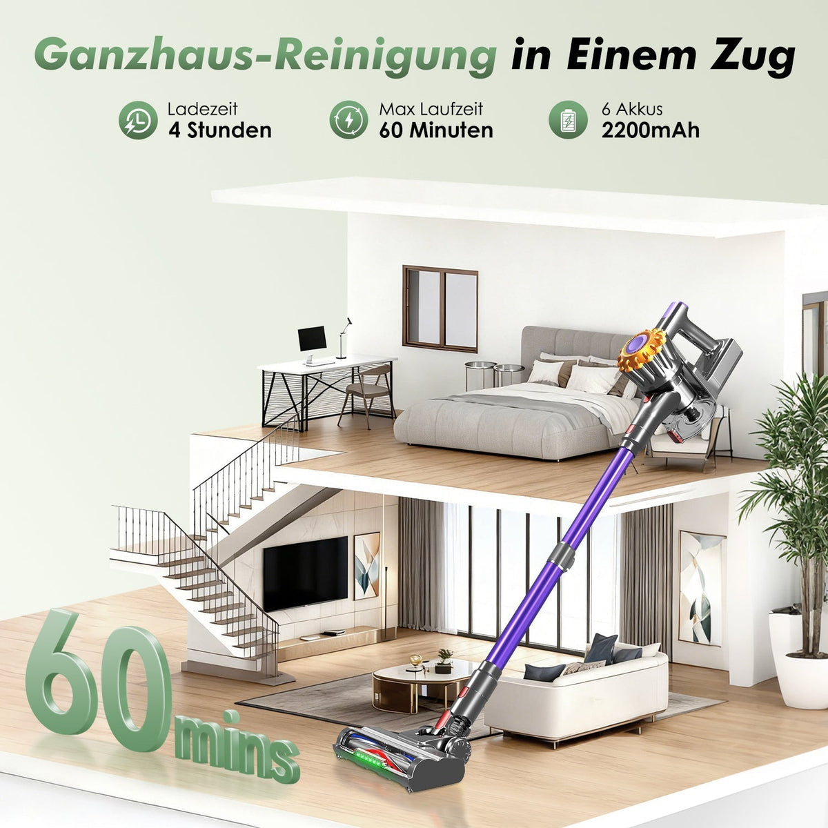Akku-Hand-und Stielstaubsauger Akku Staubsauger 50000Pa/50min/1,6L,Staubsauger kabellos