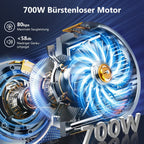 Akku-Hand-und Stielstaubsauger Akku Staubsauger, 80000Pa/700W/70Min/1.8L Kabelloser Staubsauger