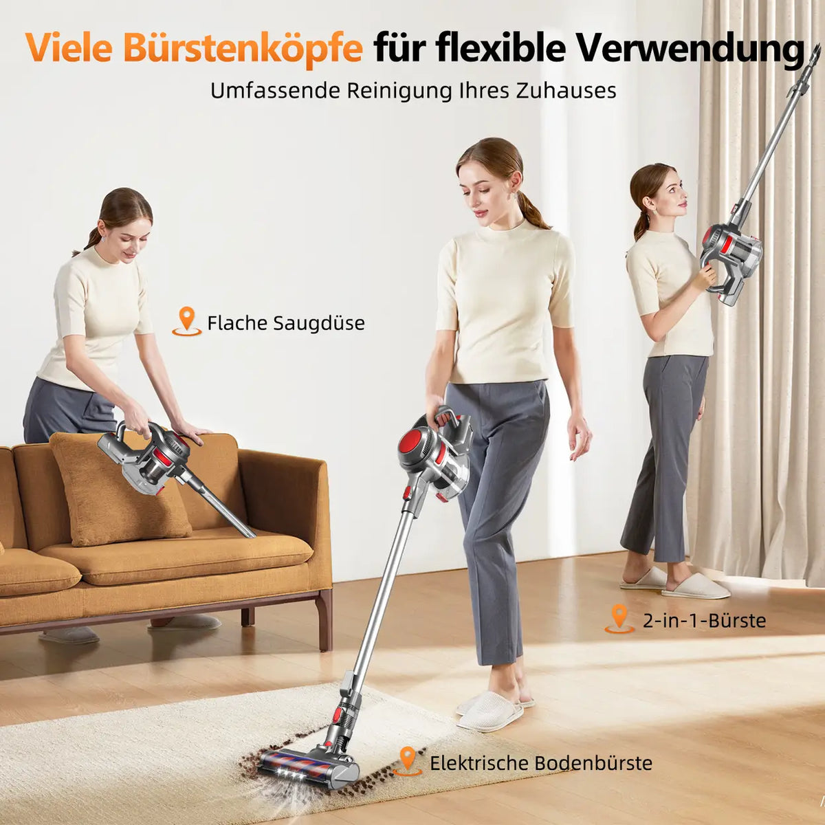 Akku-Staubsauger,Kabelloser Staubsauger, 50 Min. Laufzeit, 50 kPa Saugkraft, mit Staubbehälter mit 1,6 L, für Hartböden, Teppiche und Tierhaare, Rot