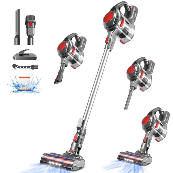 Cordless vacuum cleaner, 50 min. runtime, 50 kPa suction power, with 1.6 L dust container, for hard floors, carpets and pet hair, red