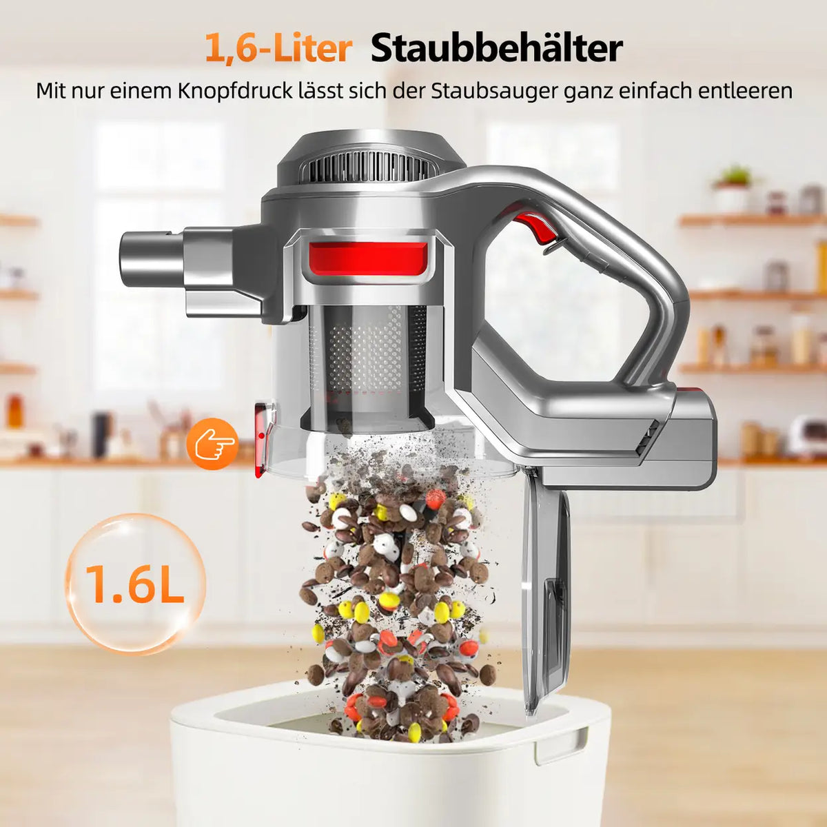 Akku-Staubsauger,Kabelloser Staubsauger, 50 Min. Laufzeit, 50 kPa Saugkraft, mit Staubbehälter mit 1,6 L, für Hartböden, Teppiche und Tierhaare, Rot