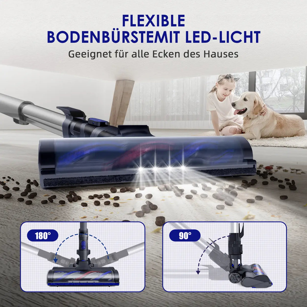 Akku-Hand-und Stielstaubsauger Akku Staubsauger, 55 kPa starke Saugkraft mit Schlauch und Tierpflegebürste, HEPA*4-Filterung für Tierhaare, Teppiche und Hartböden